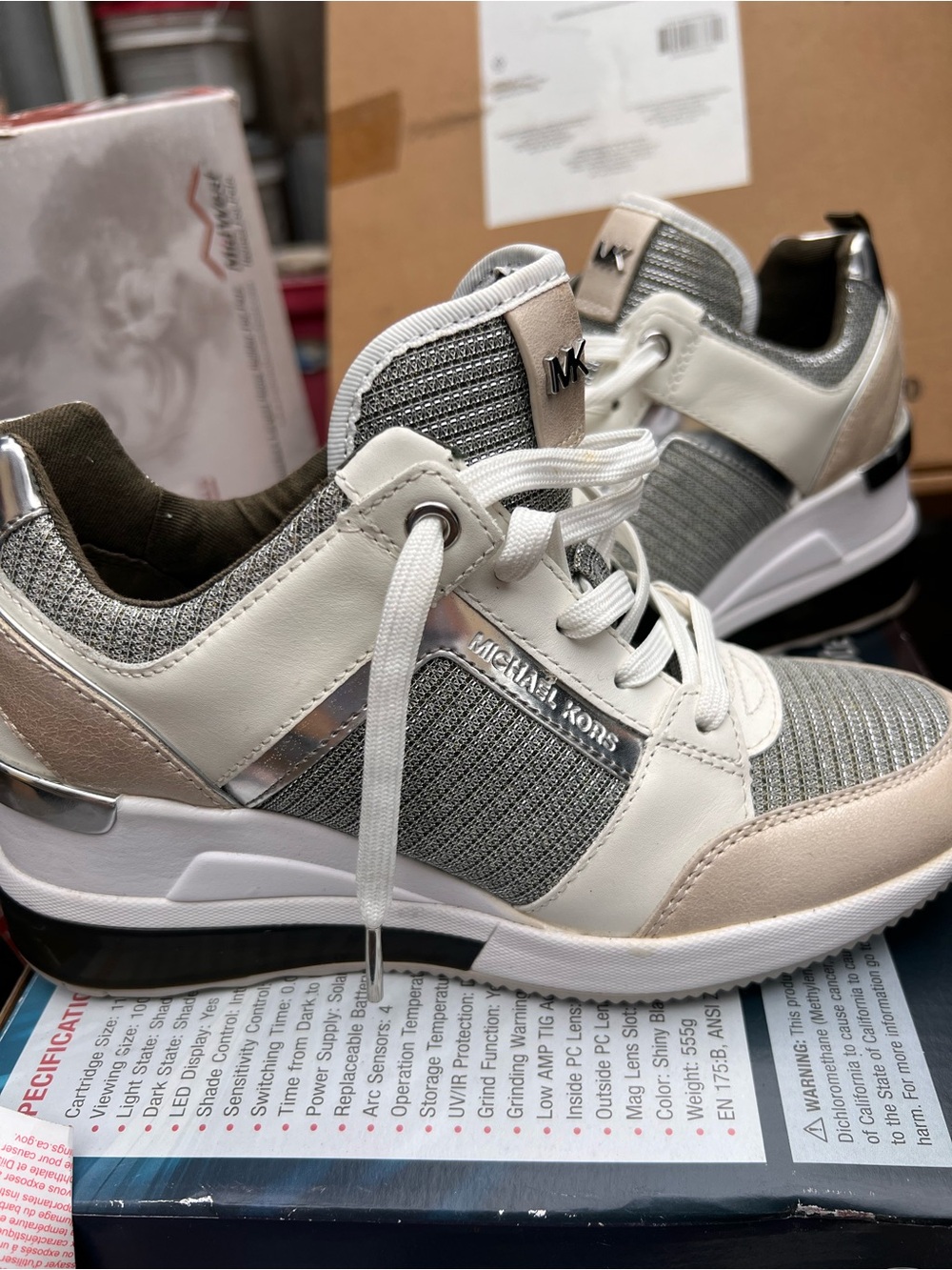 Michael Kors Silver, White and Cream Knit Wedge Sneakers
